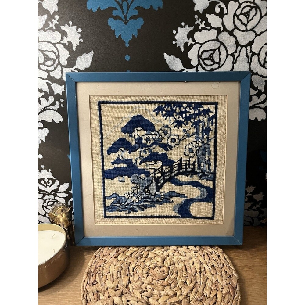 Vintage Japanese Needlepoint Framed Wall Art Blue & White Landscape Bridge Scene